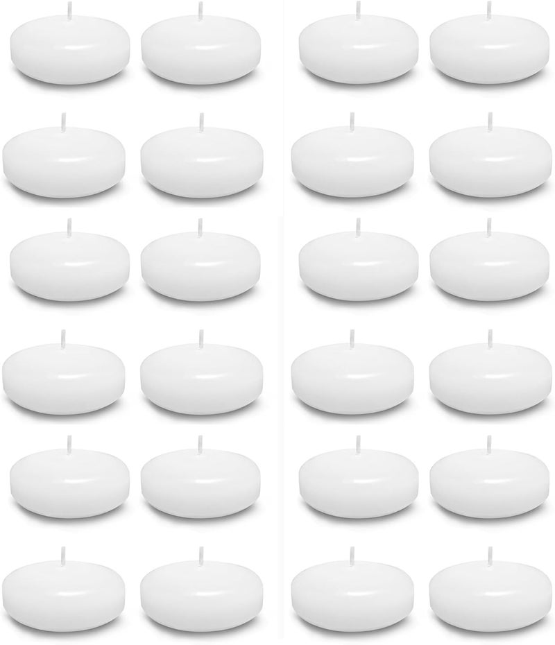 OSHINE 24 Pack Floating Candles: White 2 Inch Round Unscented Floating Candles for Wedding Centerpieces, Parties, Vase Fillers and Bath Tub - Image 1